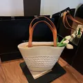 Chic cream and white striped woven straw bucket bag with brown leather handles for summer - Beige Striped Style (No Scarf)