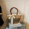 Straw woven tote bag with black stripes and white lace bow detail for summer - Horizontal Striped With Scarf (Style 1)
