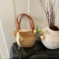 Woven bucket tote with brown leather handles and lace trim in a neutral bicolor design - Color Block Woven With Scarf (Style 2)