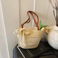 Chic beige woven straw bucket bag with brown PU handles and delicate lace bow accent - Beige Striped With Scarf (Style 4)