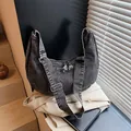 Minimalist large denim hobo shoulder bag in washed black color with wide strap - Black