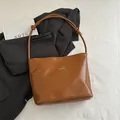 Minimalist brown shoulder tote bag with silver bow accent and slim double straps - No Pendant / Brown