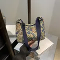 Blue floral canvas tote bag with adjustable wide strap and vintage jacquard pattern - Dark Blue