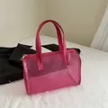 Rose pink mesh cosmetic bag with leather trim and gold zipper for travel storage - Rose Pink