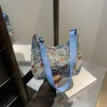Floral jacquard canvas tote bag for women with contrasting sky blue adjustable strap - Light Blue