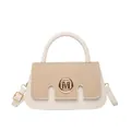 Moderne Patchwork-Handtasche mit Stroh-Textur und goldenem M-Metallring-Logo - Gebrochenes Weiß