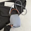 Light blue canvas crossbody handbag with brown handles and vintage metal clasp closure - Gray