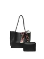 Schwarze Tragetasche mit passendem Beutel und gemustertem Seidenschal-Akzent - Tote Tasche + Beutel + Schal Set / Schwarz