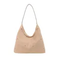 Modern beige suede tote bag with golden metal rivet accents and minimalist styling - Beige