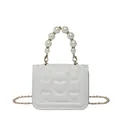 Mini white PU leather handbag with heart embossing and elegant pearl handle strap - White