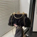 Elegant black chiffon 3D floral evening clutch bag with gold handle and chain strap - Black