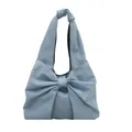 Fashionable light blue denim tote bag with oversized bow and knotted handle detail - Light Blue