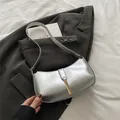 Minimalist silver metallic PU shoulder bag with vertical gold bar and slim strap - Silver