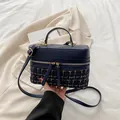 Marineblauwe handtas van tweed en kunstleer met dubbele rits en verstelbare schouderriem - Blauw