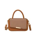 Caramel brown handbag with woven texture flap and gold buckle on white background - Brown (2167)