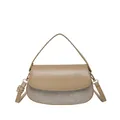 Minimalist khaki brown semicircular handbag with patchwork texture and gold hardware - Khaki
