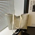 Borsa tote vintage con monogramma grigio e crema ad alta capacità per donna - Cachi