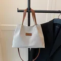 Canvas tote bag in beige with brown leather straps and fashion label detail - Beige And Brown (Without Pendant)