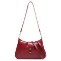 Retro red crescent shoulder bag with vintage brass buckle and polished PU leather finish - Red