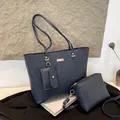 Three-piece navy blue lychee texture tote bag set with golden hardware accessories - Set With Crossbody And Pouch / Blue
