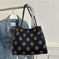 Navy blue woolen tote bag with brown polka dots and black woven handle for 2025 style - Khaki (Navy Base Brown Polka Dot)