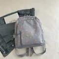 Mini floral light grey backpack with pink flower pattern and front zipper pocket - Blue