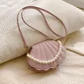 Bolso chic de fieltro rosa en forma de concha con asa de perlas y brillo - Rosa