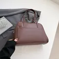 Minimalist large dark brown PU leather tote bag with long handles and front pocket - Brown