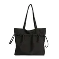 Minimalist black lightweight canvas tote bag with drawstring pocket and large capacity - Black