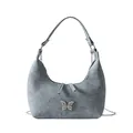 Blaue Halbmond-Schultertasche aus Wildleder mit silberner Schmetterlingsschnalle - Hellblau