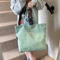 Borsa tote in velluto a coste verde chiaro, borsa a spalla grande da donna stile casual - Verde
