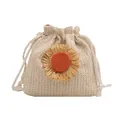 Straw bucket bag with a large floral ornament and white drawstring closure for summer - White and Orange
