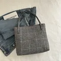 Large black and white houndstooth woven tote bag with shoulder straps for women - Gray