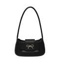 Minimalist black baguette shoulder bag with a gold bow buckle, front view on white background - Black