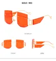 Fashionable gold rimless sunglasses with red lenses and metal rivets in multi-angle views - Gold Frame Red Lens