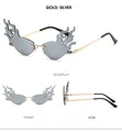 Multi-angle view of flame-shaped rimless sunglasses with gold metal frame and rivets - Gold Frame / Silver Mirror Lens
