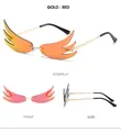 Detailed multi-angle views of rimless wing-shaped sunglasses with golden metal frame - Gold Frame Red Mirrored Lenses