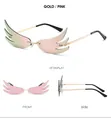 Three-view display of wing-shaped rimless sunglasses in gradient gold and pink color - Gold Frame Pink Lens