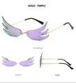 Detailed multi-angle views of gold wing-shaped frameless sunglasses with purple gradient lenses - Gold Frame Purple Mirror