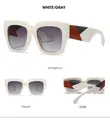 Detailed views of white square sunglasses with signature tricolor temple patterns - White Frame Gradient Gray Lens