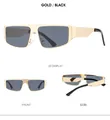 Detailansicht der futuristischen Gold-Metall-Sonnenbrille mit schwarzen Bügeln und Gläsern - Goldrahmen Schwarzgrau