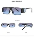 Detailed views of vintage small square black sunglasses with gray-blue gradient lenses - Black Frame Grey Blue Lens