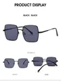 Detailed views of black vintage square metal sunglasses from front, side, and 45-degree angles - Black Frame Black Grey Lens