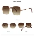 Multiple views of gold square sunglasses featuring brown gradient lenses and metal frames - Gold Frame Tea Lens