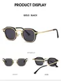 Detailed views of gold and black rectangular metal sunglasses showing all angles and texture - Gold Frame Black Grey