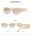 Drie aanzichten van een beige ovale zonnebril met gradiëntglazen en gouden accenten - Beige Montuur Bruin Blauwe Glazen