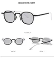 Vues de face, de côté et à 45 degrés de lunettes de soleil carrées noires et blanches - Monture Noire Verres Gris Clair