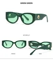 Macro views of retro oval sunglasses with thick green frames and gold temple accents - Green Frame / Green Lens