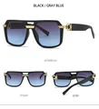 Detail view of square pilot sunglasses in black frame with gray blue gradient lenses - Black Frame Grey Blue Lens
