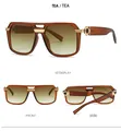Detailed views of square tea gradient lenses with amber frames and gold metal accents - Tea Frame Tea Lens